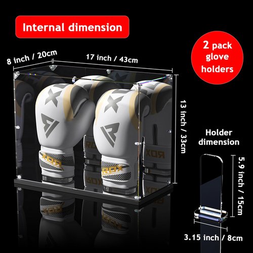 KOLIPI Boxing Glove Display Case with Mirror Back and Base, Acrylic Display Case with Stand for Full Size Boxing Glove, Watch The Video to Assemble (17x8x13 inch, 43x20x33 cm)