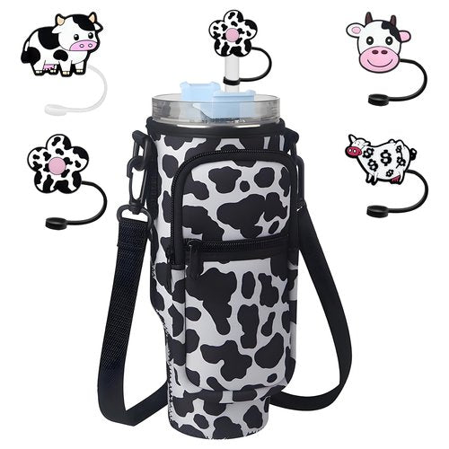 Cow Print Stanley Cup Bag, Cup Holder for Stanley 40oz Tumbler with Handle, Stanley Carrier Bag with 4Pcs Cow Straw Topper for Stanley Cup Accessories