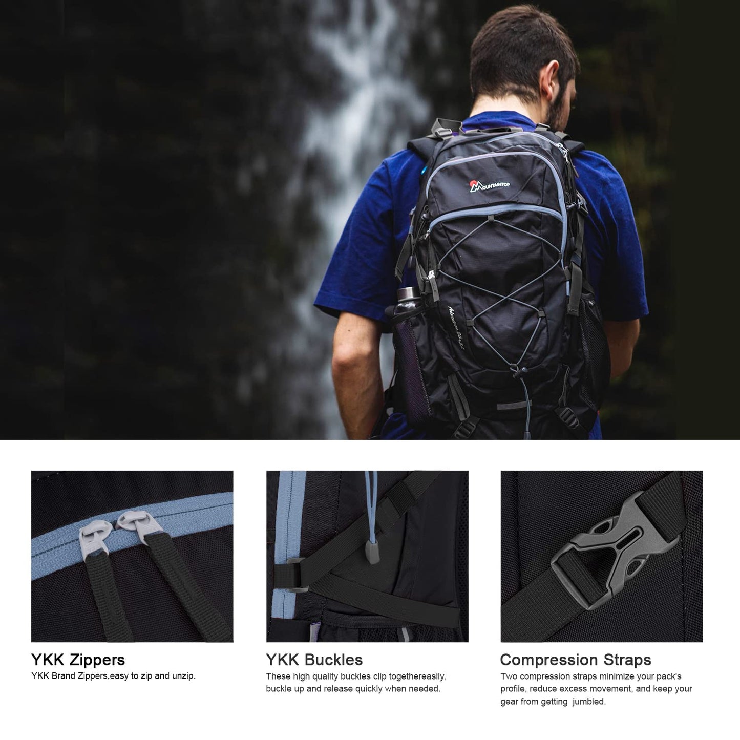 MOUNTAINTOP 40L Hiking Backpack with 3L Hydration Bladder for Men & Women Camping Climbing,Black and Blue