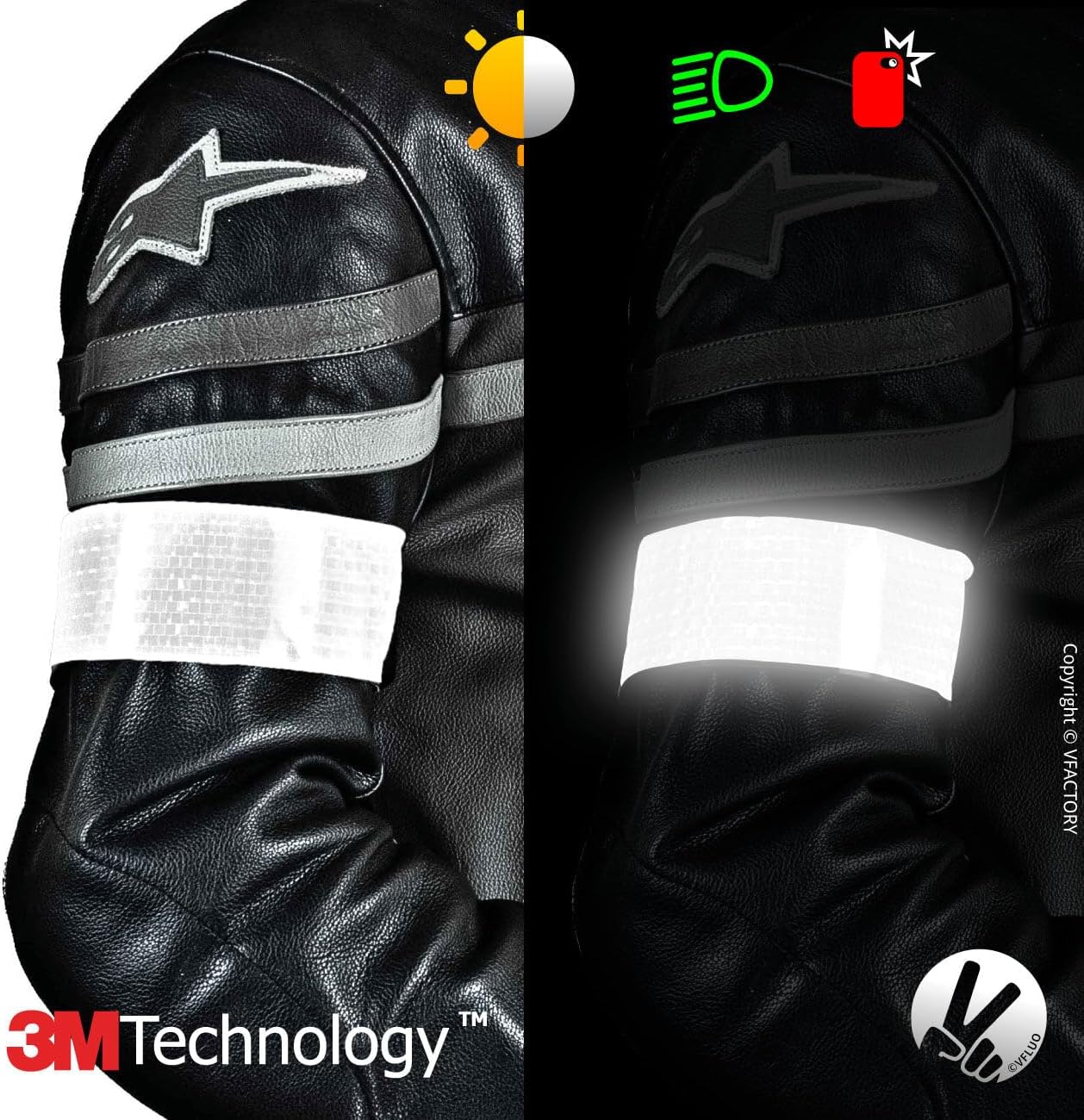 VFLUO - Reflective + reflective Adjustable & Elastic Motorcycle Armband for Motorcycle Jacket, Scooter, Bicycle, Pedestrian - High Visibility - Resistance & Support