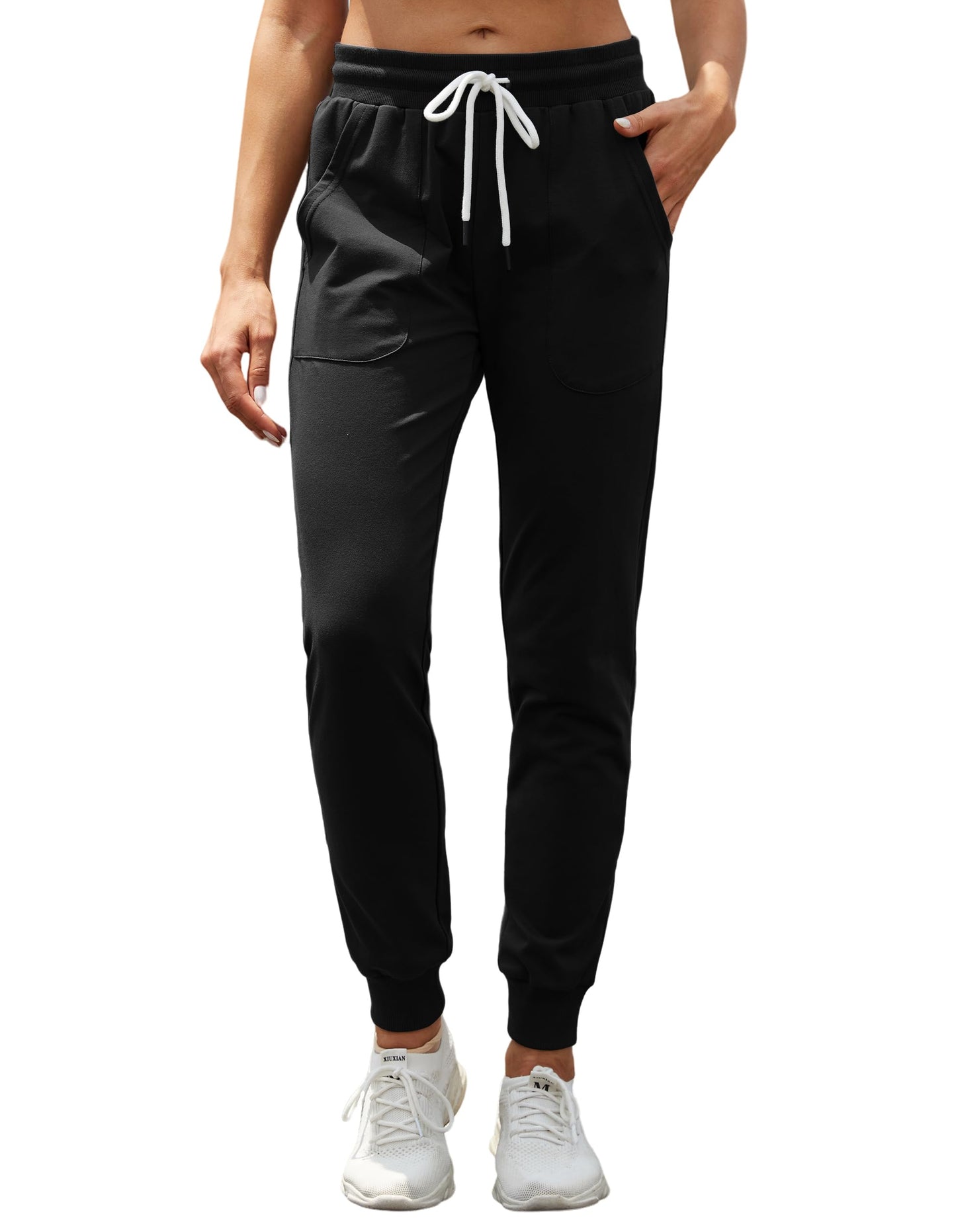 SPECIALMAGIC Women's Tapered Sweatpants with Pockets Athletic Cotton Joggers Drawstring Casual Sweat Pants for Female Long Black M