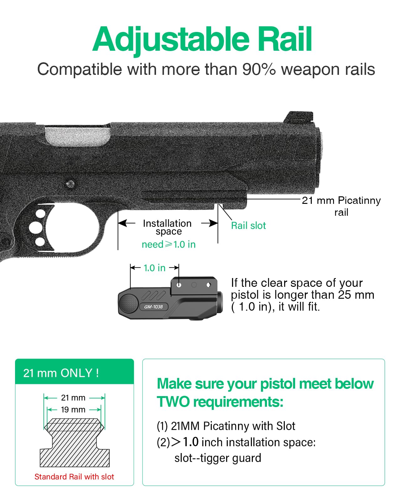 Gmconn Pistol Green Blue Red Purple Laser Sight with Rechargeable Magnetic USB Port, Low Profile Picatinny Mount Purple Dot Sight (Green Laser)