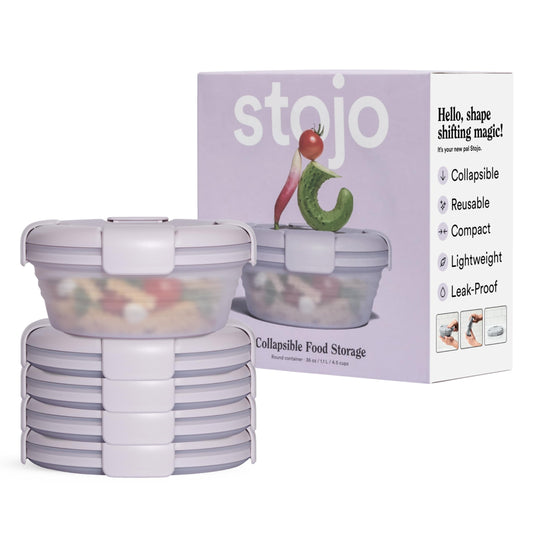 STOJO Collapsible Bowl 5 Set - Translucent Lilac, 36oz - Reusable Silicone Bowl for Hot and Cold Food - Perfect for Travel, Meal Prep, To-Go Lunch, Camping & Hiking - Microwave & Dishwasher Safe