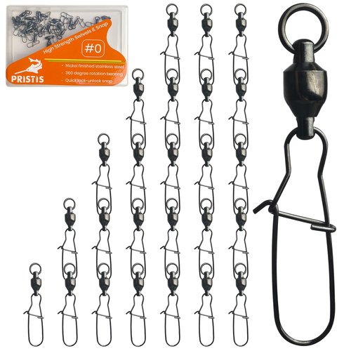 Pristis 25 Pack #0 High Strength Fishing Snap & Swivels, Ball Bearing with Coastlock Snap, Saltwater Corrosion Resistant Connector, 22 lb Freshwater Heavy Duty Black Nickel Finish Tackle Kit for Bass