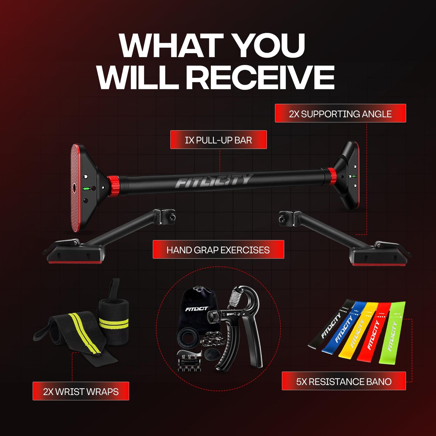 Fitlicity Pull Up Bar for doorway With Hand Grip Strengthener & Resistance Bands, Chin Up Bar for Upper Body Workout & Exercise, 29.9" - 37.5" Adjustable Width Locking Mechanism, No Screw Installation, 880 lbs