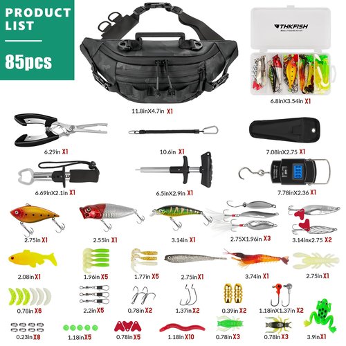 THKFISH 85Pcs Fishing Sling Bag with Tackle Box Included for Fly Fishing Tackle Kit, Waterproof Fanny Pack with Fishing Gear, Lures, Fish Pliers Kit, Lip Gripper, Weigh Scale