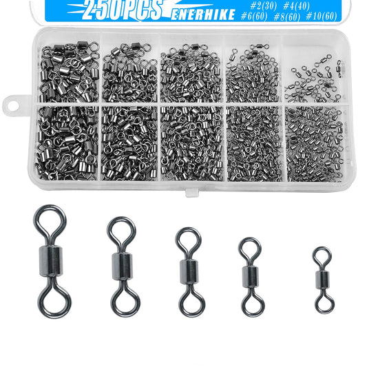 ENERHIKE 250pcs Fishing Swivel Rolling Barrel Swivel Stainless Steel Swivels Corrosion Resistance Black Nickle Connector for Freshwater Saltwater Fishing Tackle #2#4#6#8#10