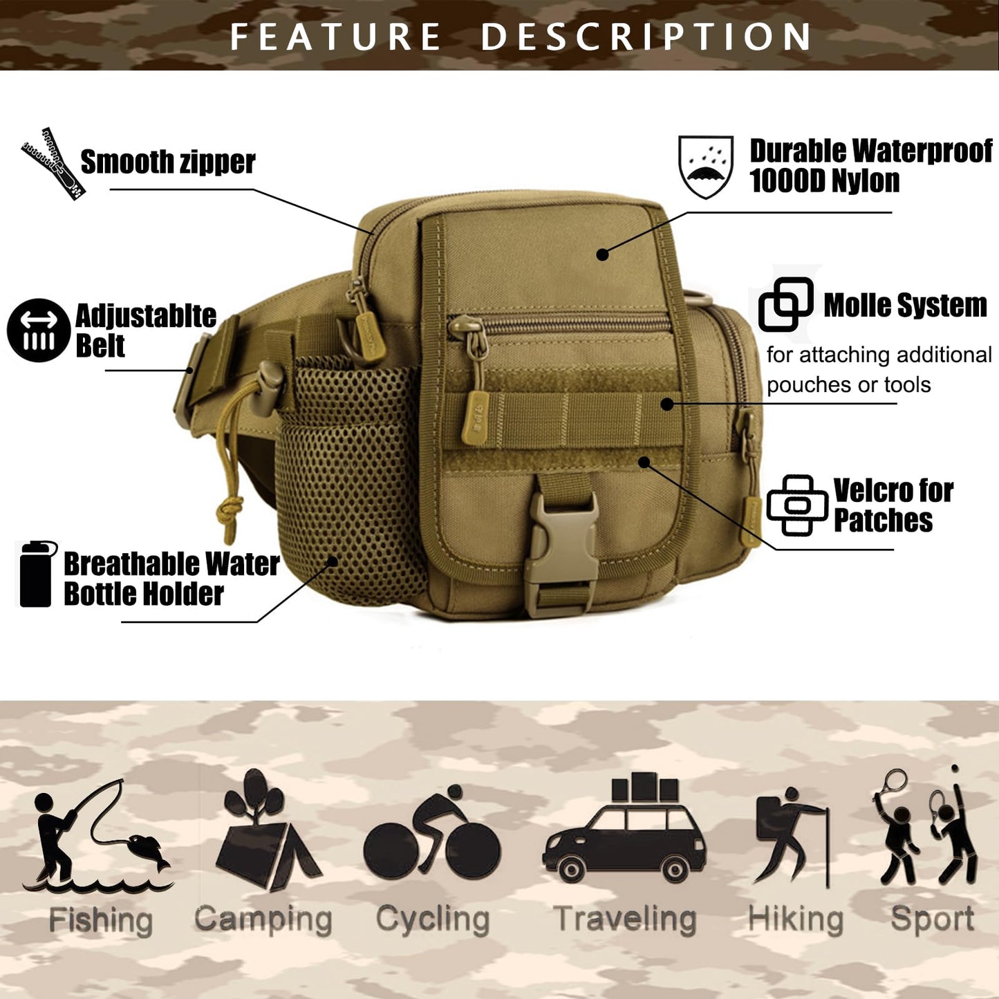 GGYCOB Tactical Waist Bag Fanny Pack Utility Belt with Water Bottle Holder Waterproof 1000D Nylon Bag for Hiking Mountaineering Camping Riding Fishing(Wolf Brown)