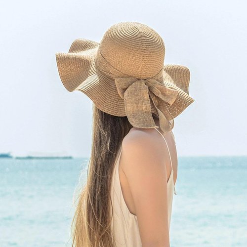 Women Floppy Sun Hat with Wide Brim, Foldable Roll-Up Straw Beach Hat Summer Hat for Travel (Khaki)
