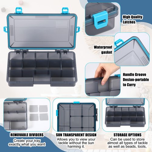 Wonderjune Fishing Tackle Boxes Waterproof 3600 Tackle Trays with Removable Dividers Plastic Storage Organizer Bait Vault Camouflage Box for Freshwater Saltwater (Blue)