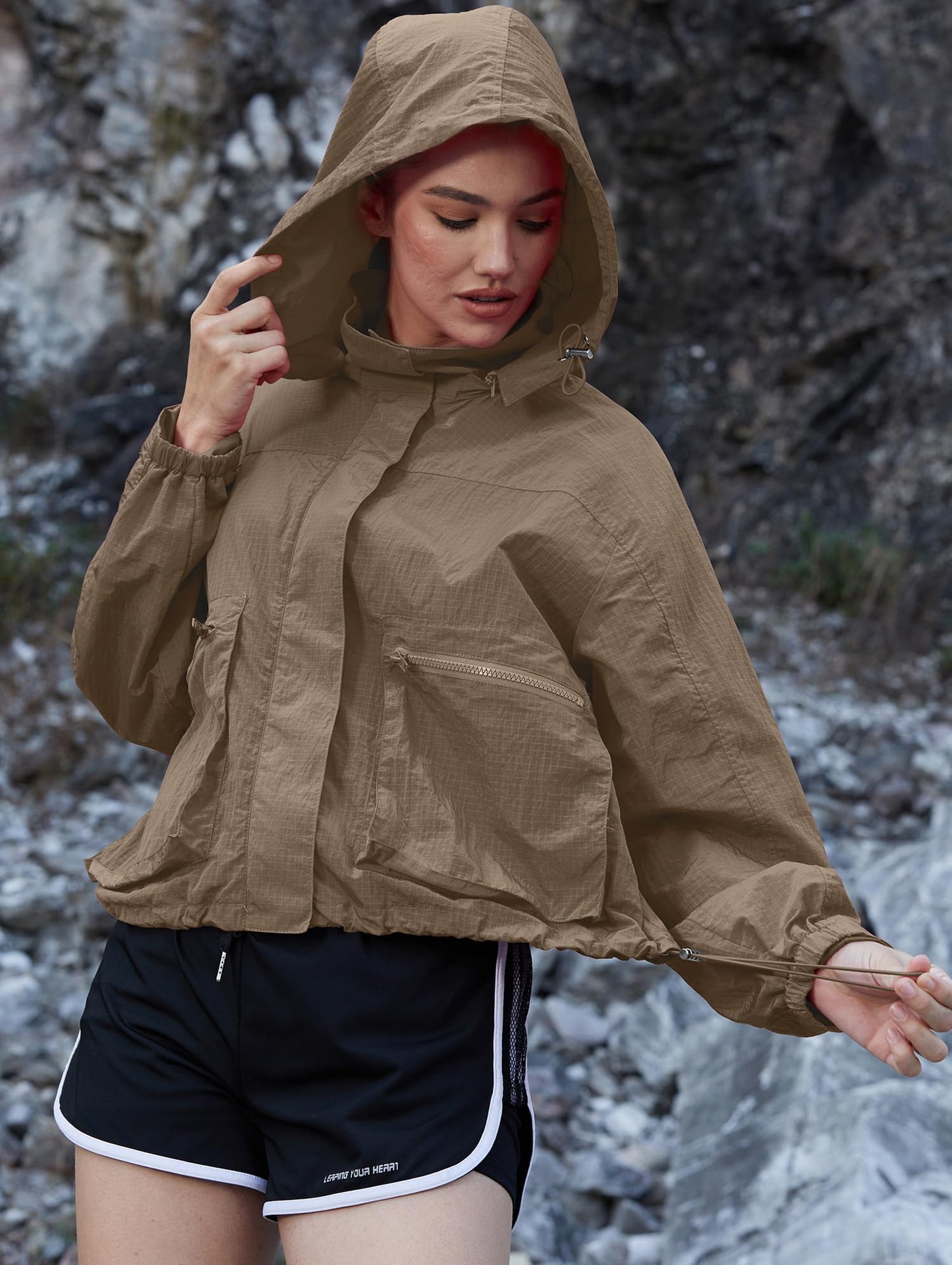 PESION Women's Waterproof Rain Jacket Lightweight Hooded Raincoat for Hiking Travel Outdoor, Khaki, Medium