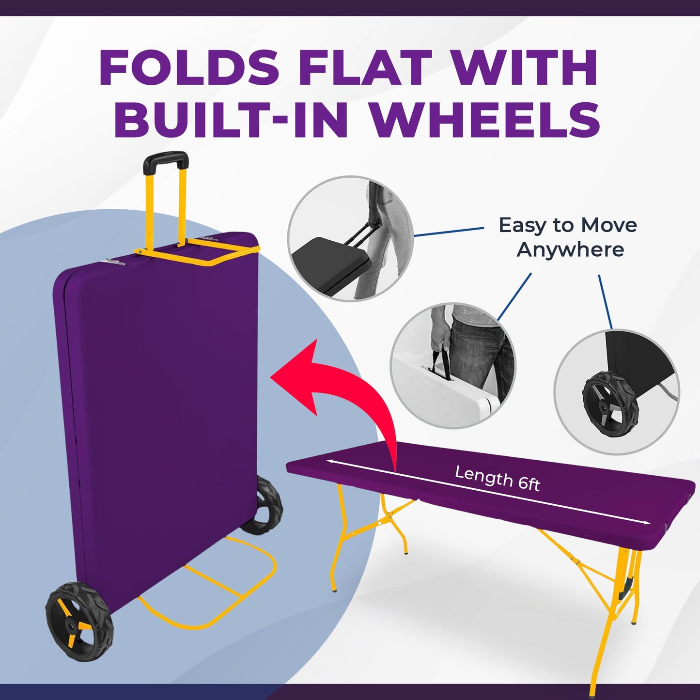 6Ft Rolling Folding Table with Built-in Wheels, Durable Plastic, Team Colors, Easy to Carry, Perfect for Camping, Picnic, Tailgating, Party, Indoor/Outdoor Use (Single Table, Purple/Yellow)