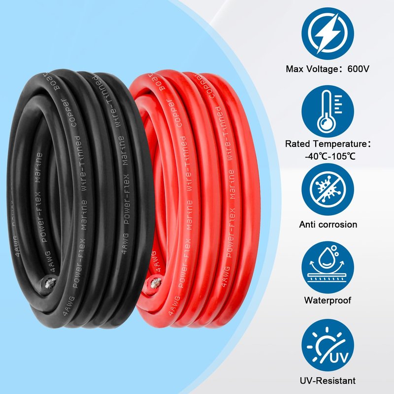 4 Gauge Marine Wire, 4 AWG Tinned Copper Electrical Wire, Boat Cable for Automotive, Solar, Car Audio, Trailer, Camper & Marine Wiring(4 AWG, 10FT Red + 10FT Black)