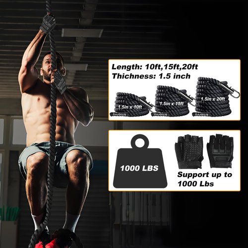 DAJOUJS Climbing Rope 1.5 Inch Diameter 10FT Length Gym Climbing Rope for Workout Fitness & Strength Training, Gym Rope, Exercise Climbing Rope in Black for Adults or Kids Outdoor & Indoor