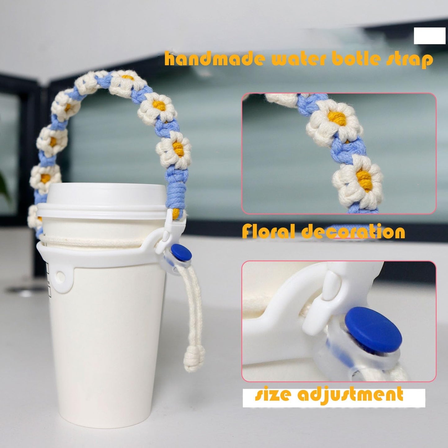 Juimtien Water Bottle Handle, Stanley Cup Holder with Strap, Handmade Bohemian Flower Sling Holder Lanyard