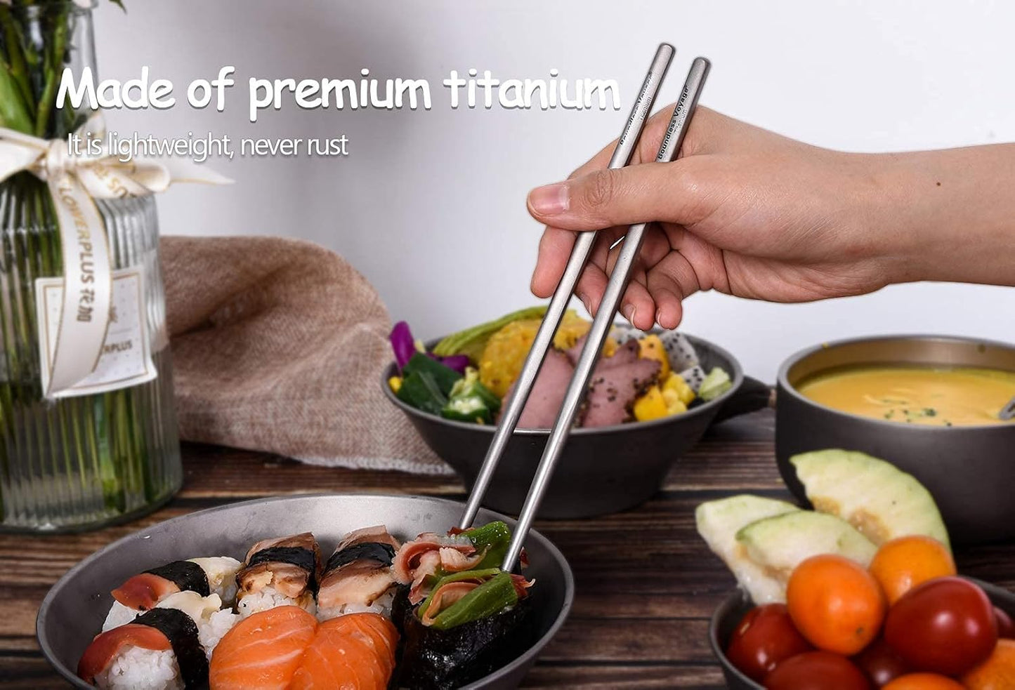 iBasingo Titanium Chopsticks Square Ultralight (15g) Skidproof Chinese Chopsticks for Camping, Travel & Home Use, Reusable Metal Utensil Durable Outdoor Cutlery (1 Pair Ti1001T)