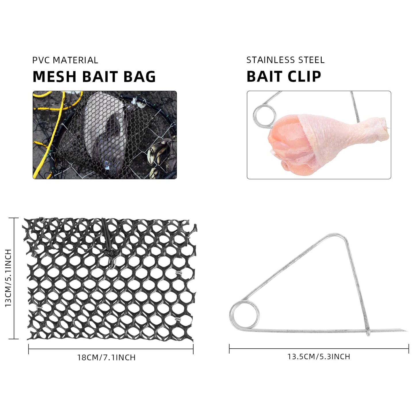 A1FISHER 2 Packs Double Ring Crab Trap Steel Ring Crab Net 24" Top Ring, 20" Bottom Ring with 50' Rope, Bait Bag, Bait Clip, Crab Gauge Measure Kit for Crabbing Dungeness, Rock and Blue Crab
