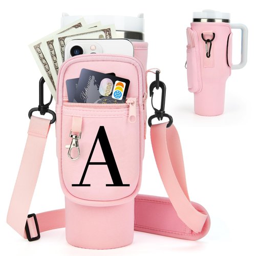 Water Bottle Holder with Adjustable Strap for Stanley Cup 40 oz Tumbler with Handle, Personalized Initial, Neoprene Water Bottle Carrier Bag with Phone Pocket & Carabiner for Stanley Cup Accessories