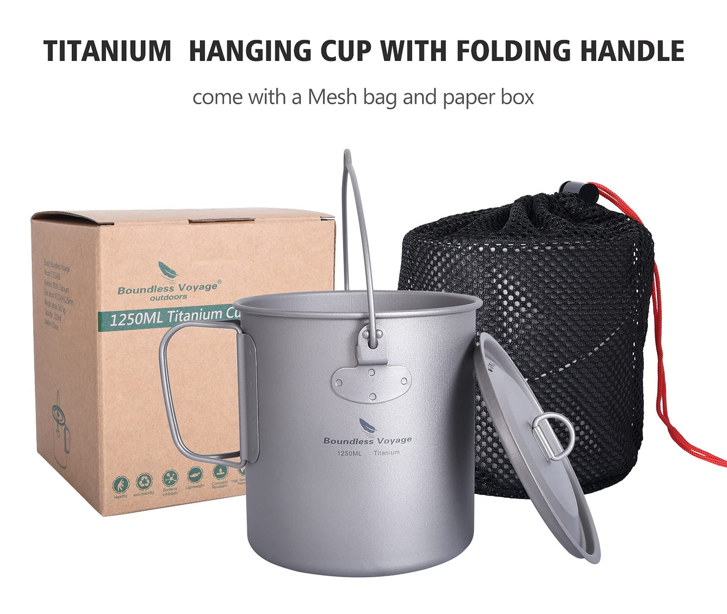 iBasingo 1250ml Titanium Hanging Mug with Lid Tea Coffee Water Cup Outdoor Camping Pot Ultra-light Portable Hiking Backpacking Cooking Kit Picnic Tableware Drinkware with Foldable Handle Ti3042D