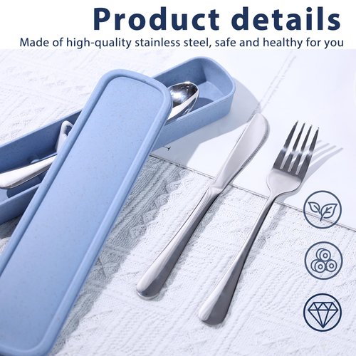 HANSGO 3PCS Portable Utensils Set with Case, Travel Cutlery Set Stainless Steel Utensils Reusable Silverware for Lunch Camping School Picnic Office Dishwasher Safe Blue
