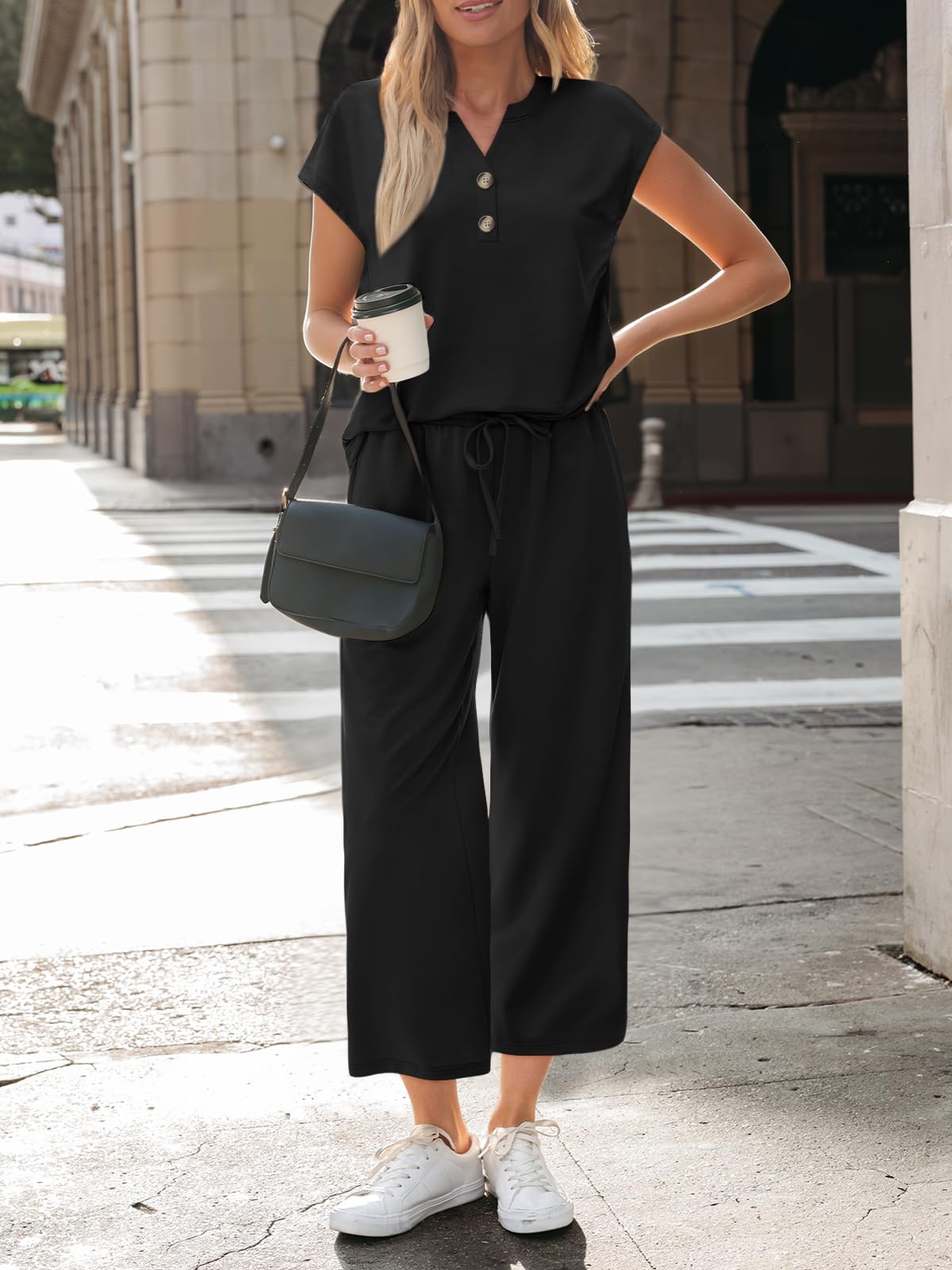LILLUSORY Two Piece Lounge Sets for Women Spring Vacation Beach Travel Airport Outfits Casual Cruise Fashion 2026 Black M