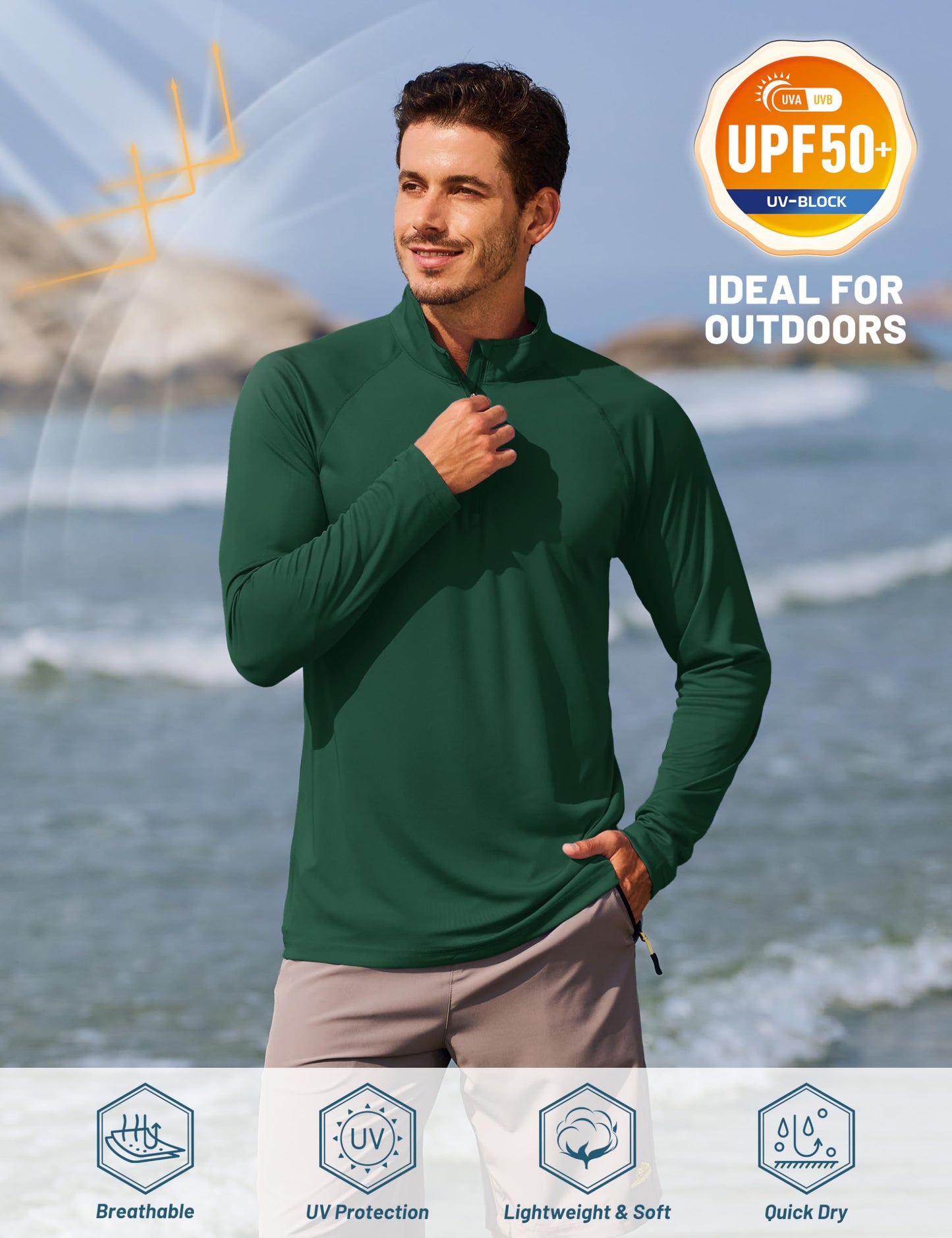 TACVASEN Running Shirts for Men Long Sleeve Uv Protection Shirts for Athletic Summer Tops for Mens Performance Rash Guard Dark Green L