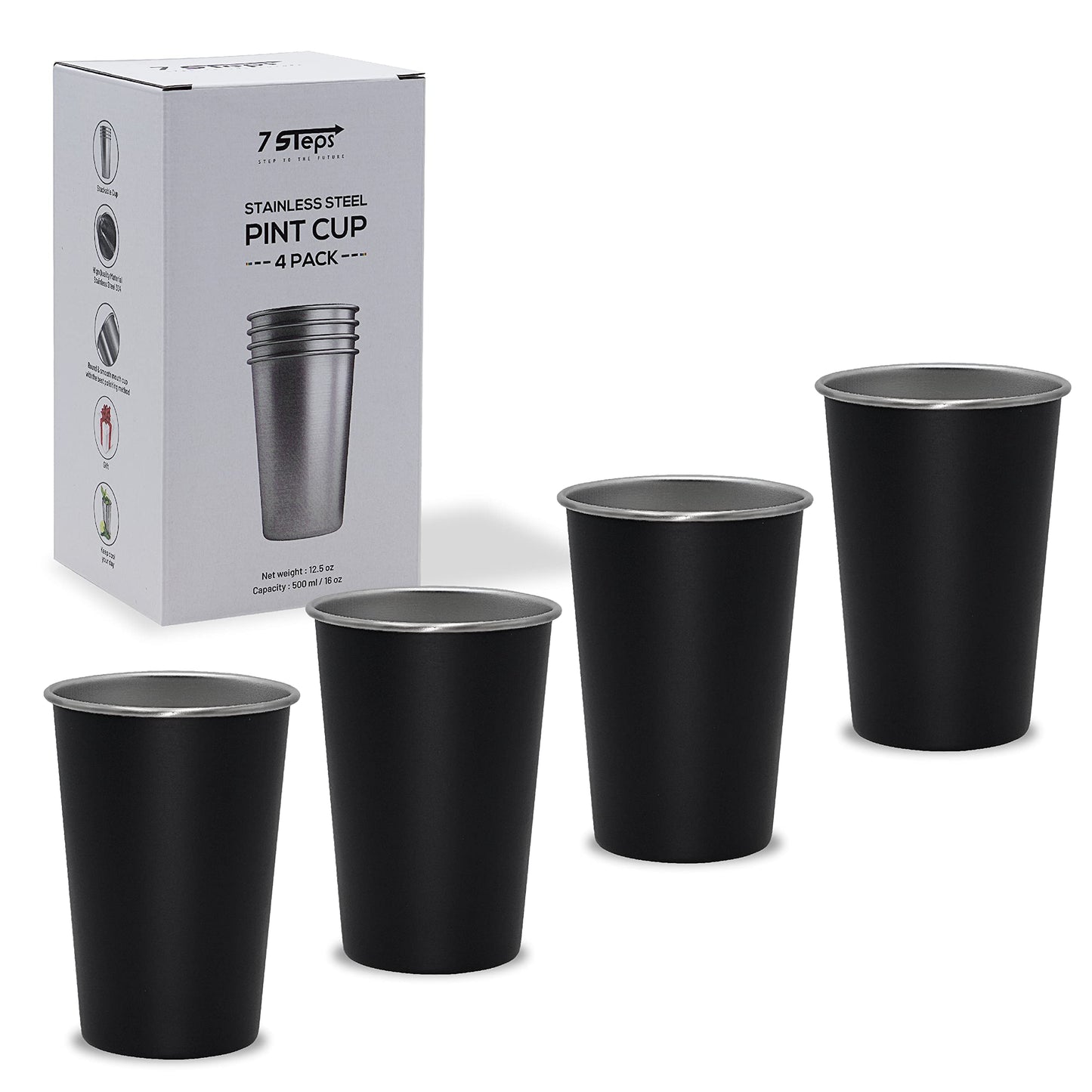 7 Steps - Stainless Steel Pint Cup 500 ml / 16 oz - Durable - Reusable - Party - Outdoor - Hiking - Camping - Picnic - Stackable Cup for Beer Juice Soda (Pack of 4) (Black)