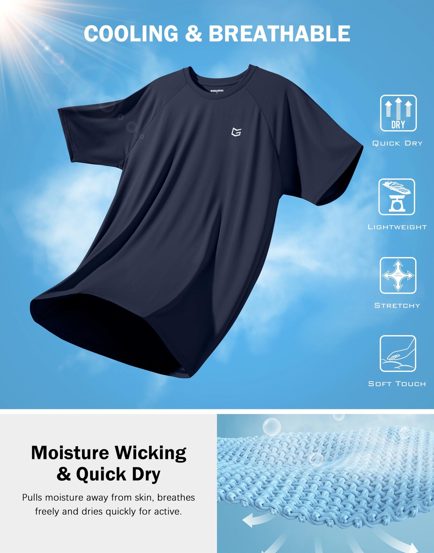 G Gradual Men's Athletic Workout T-Shirts Moisture Wicking Cooling Running Shirts Short Sleeve Performance Tee for Gym Tennis(Navy,L)