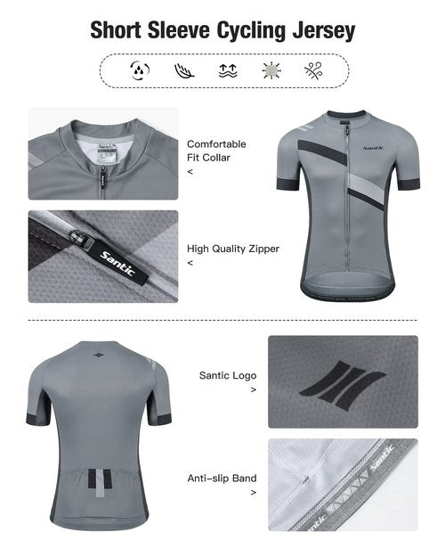 Santic Men's Cycling Jersey Shorts Sleeve Tops Pro Road Bike Bicycle Shirt Full Zip MTB Jersey with Pockets
