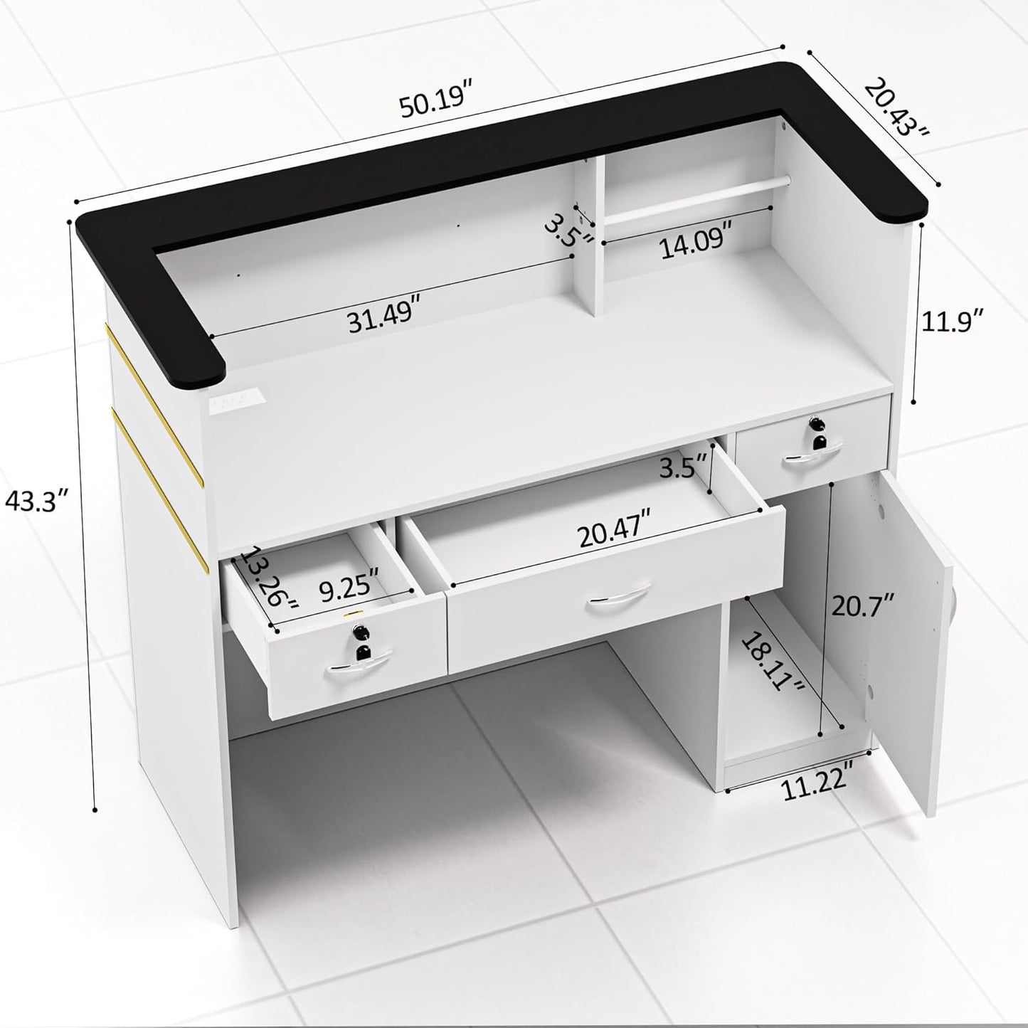 AHB Reception Desk with Counter, Modern Front Table Equipped Lockers & Storage Shelves, 50-inch Checkout Counter with LED Lights & DIY Stripe for Lobbies, Salons, Retail, Home Offices, Reception Room