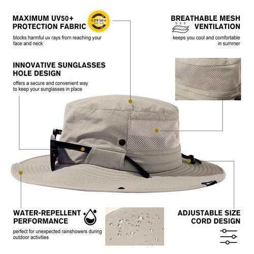 TOP-EX L/XL/XXL UV Protection Mens Sun Hat with Cooling Neck Cover Sunglass Lock Wide Brim Fishing Safari Hats Outdoor Summer Hat Waterproof Packable Grey L/XL