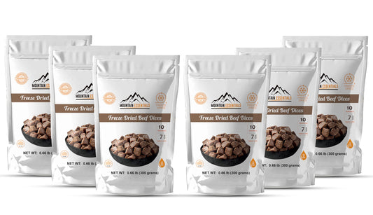 MOUNTAIN ESSENTIALS Freeze-Dried Diced Beef – Fully Cooked Pre-Cooked Meat | 240g High Protein Intake | 10 Servings per Pouch | Ready-to-Eat Meal Prep | Pantry Staples, Daily Meals, Emergency Survival, Camping Food | 7-Year Shelf Life | Made in USA | Pack