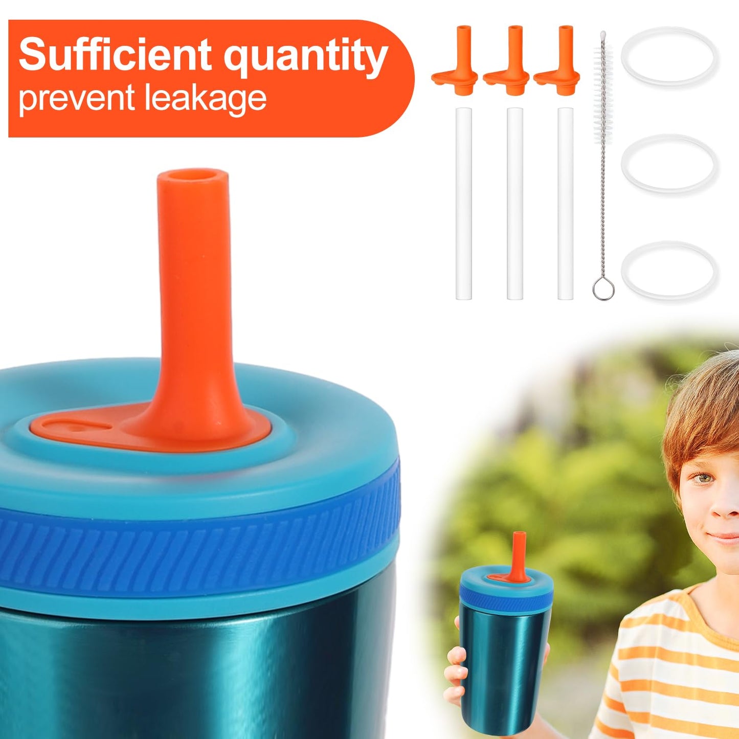 3pcs Replacement Straws with Bite Valve for Zak Designs Kelso Kids 15oz, BPA Free Reliable Straw Cup Accessories with Zak Designs and Reusable Gaskets Brush for Water Bottles (Orange)