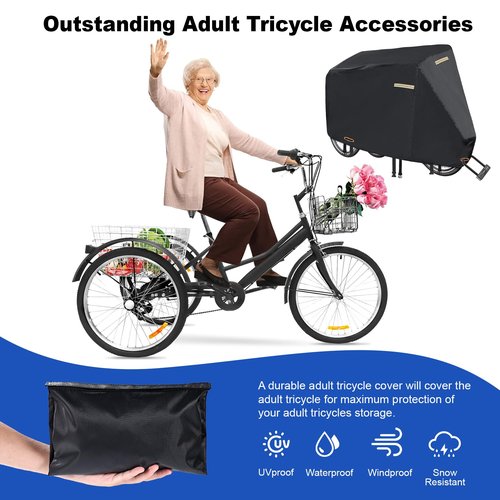 Tricycle Cover for Adult Bike,420D Heavy Duty Electric Trike Covers Waterproof Outdoor with 3 Wheel Lock Holes,Waterproof Strip,3 Windproof Buckles,Accessories Fit for Various 3 Wheel Bike Types