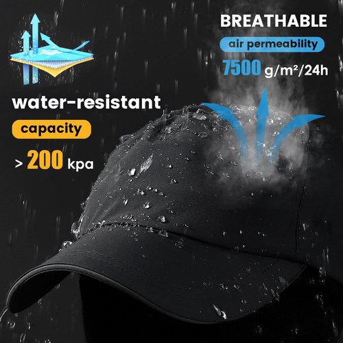 Mens Water-Resistant Baseball Cap Womens Rain Hat Foldable Outdoor Running Sun Fishing hat Black