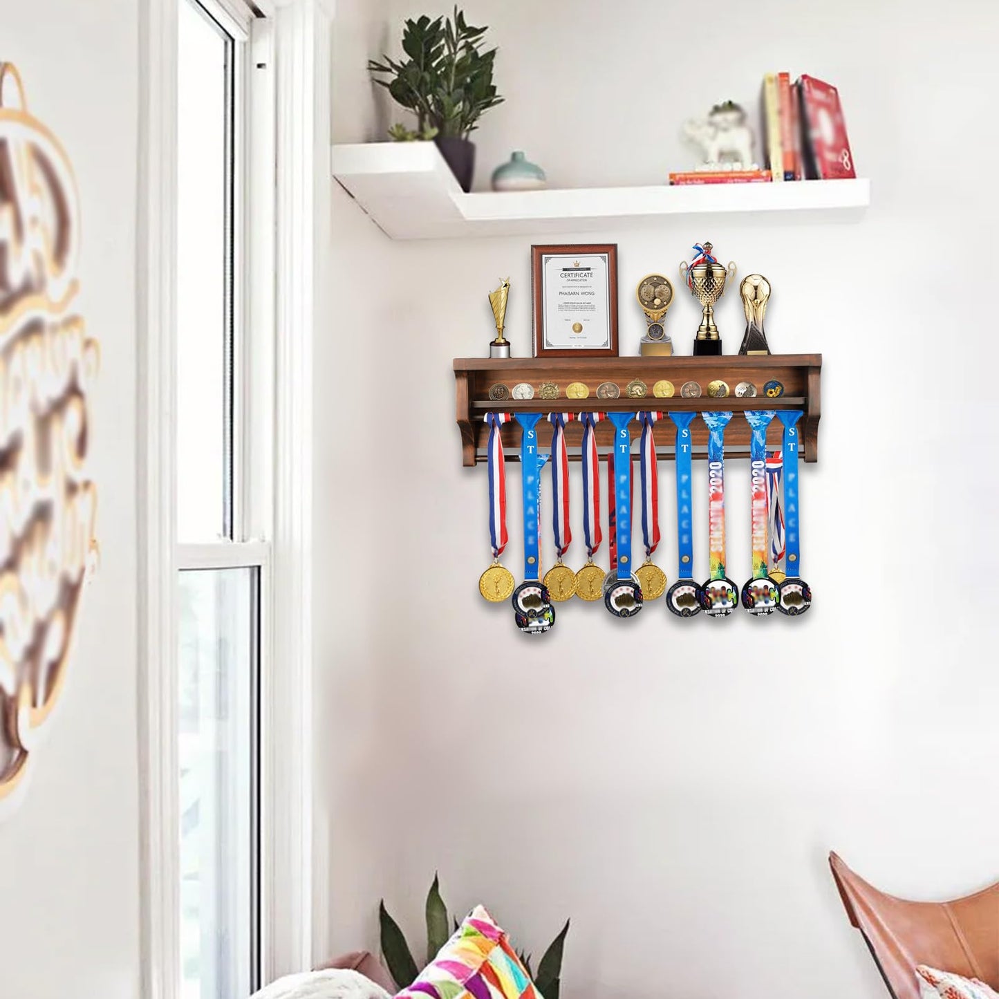 IHEIPYE Solid Wood Medal Hanger Display Shelf Medal Holder, Wall Mount Medal Rack Display Holder for Runners, Marathon, Race Winner,Soccer, Football, Gymnastics & All Sports-Walnut