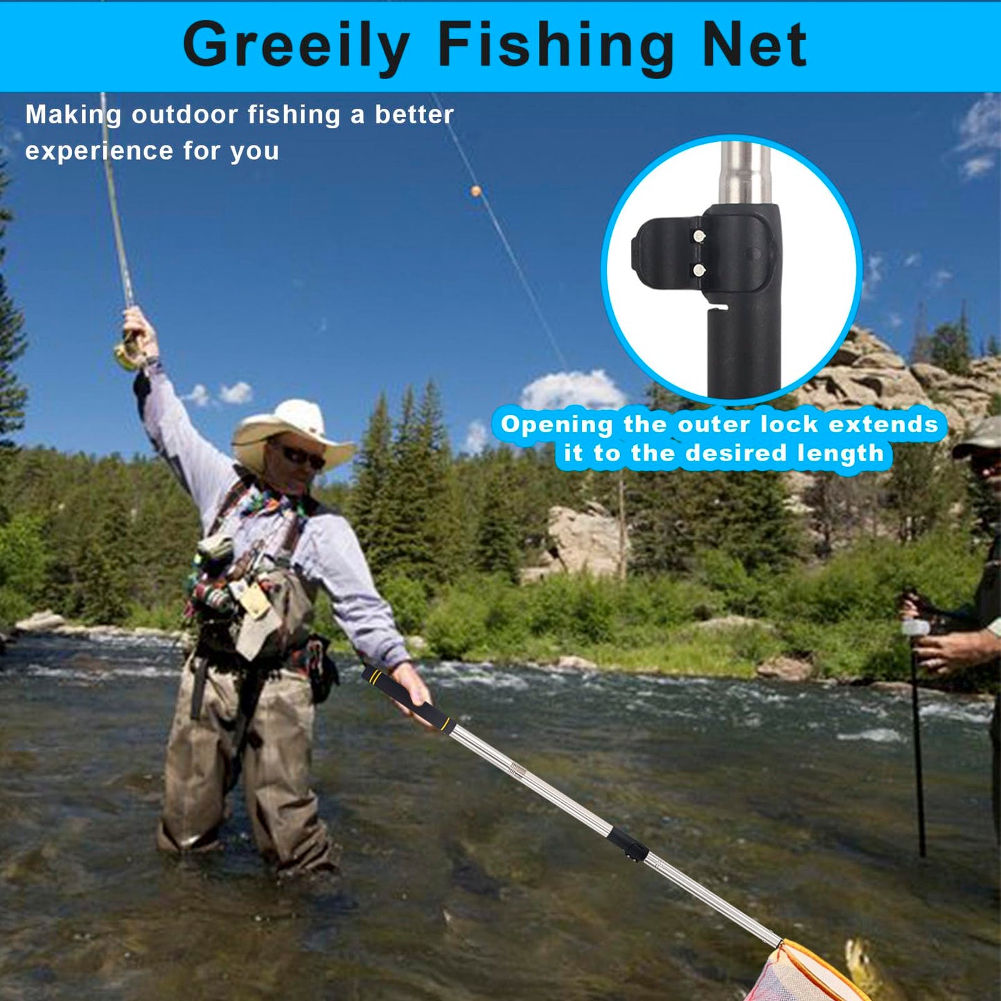 Greeily Fishing Landing Net, 44" to 64" Fishing Net Long Handle for Fishing with Telescopic Extension Pole for Kids Men Women Folding Sturdy Stainless Steel Tubes Comfortable Sponge Handle