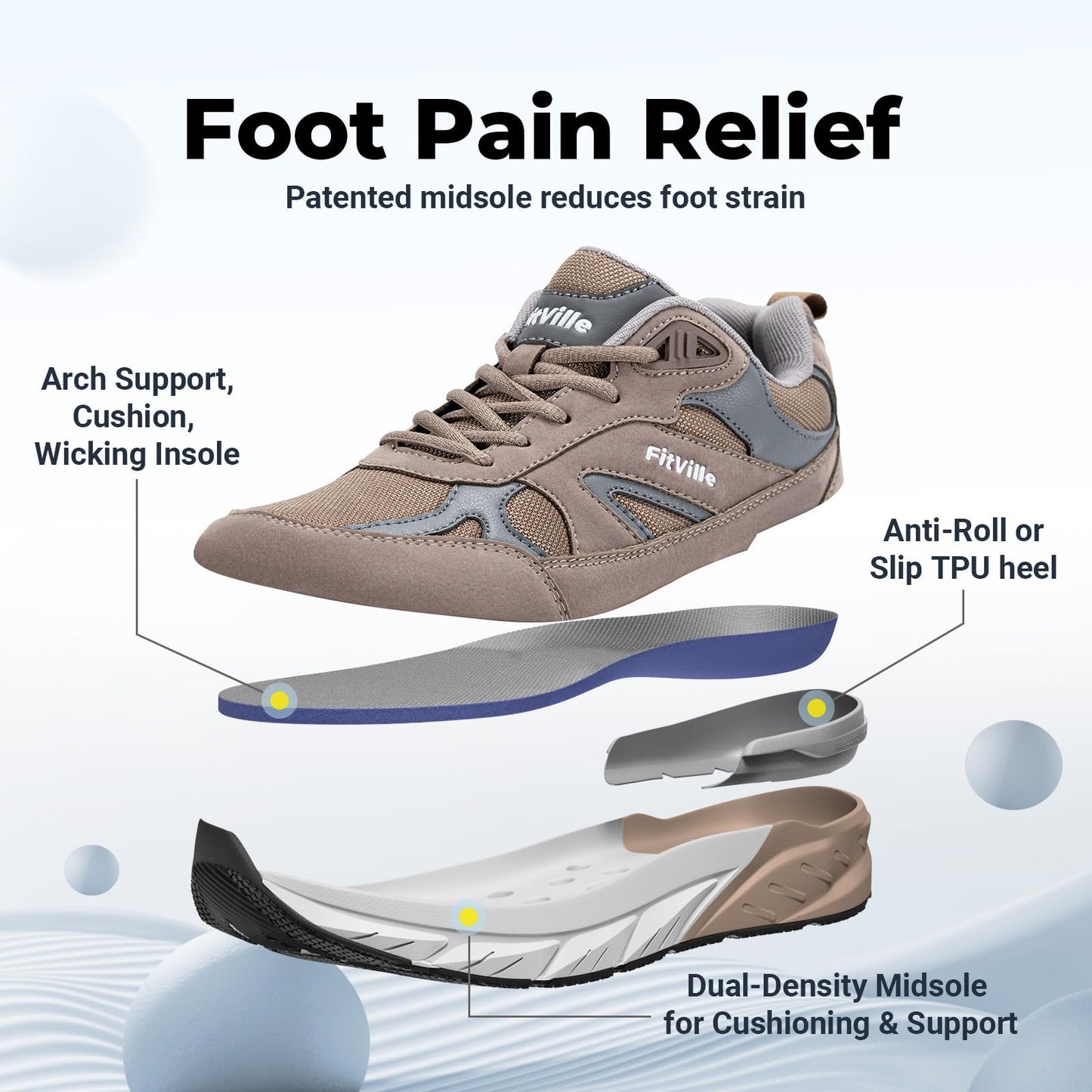 FitVille Wide Walking Shoes for Men Extra Wide Width Sneakers with Arch Support for Flat Feet Heel Pain Relief Plantar Fasciitis - Rebound NEO V1