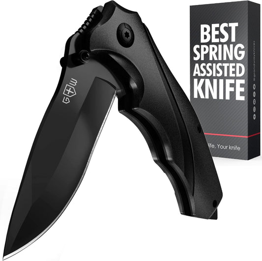 Grand Way Tactical Knife for Men - Black Pocket Knife - Best Spring Assisted Knife with Glass Breaker and Pocket Clip - Cool Folding Knives for Military Work Camping - Birthday Gifts for Dad 6495 B