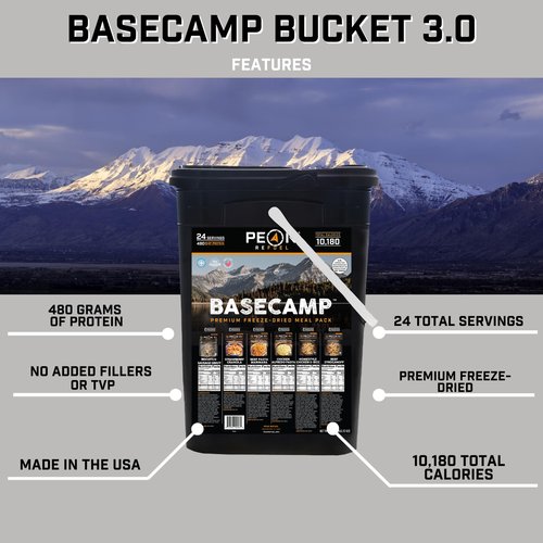 Peak Refuel Basecamp Bucket 3.0 | 100% Real Meat | Premium Freeze-Dried Meals for Backpacking, Camping & Survival | MRE Emergency Food