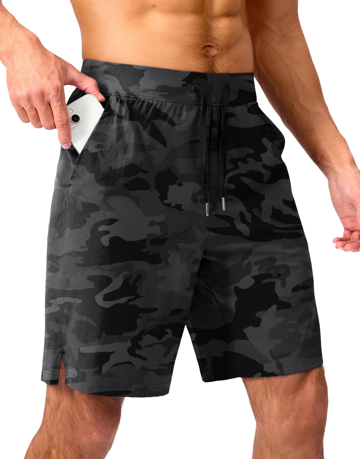 Soothfeel Men's Running Shorts with Zipper Pockets 9 Inch Lightweight Quick Dry Gym Sports Athletic Workout Basketball Shorts for Men (Grey Camo, XL)
