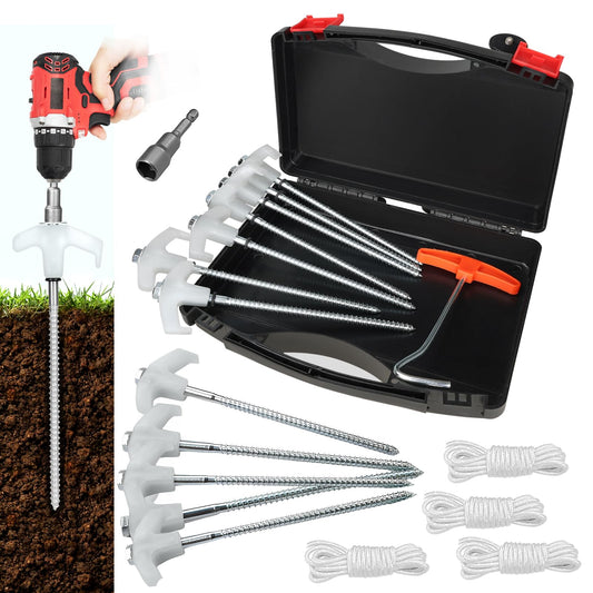 12 Pack Tent Stakes, 8" Ground Anchors Screw Drill in Heavy Duty Ground Pegs Camping Stakes Tent Pegs with Hex Head Driver, Spikes Puller, 4x10ft Rope and Storage Box