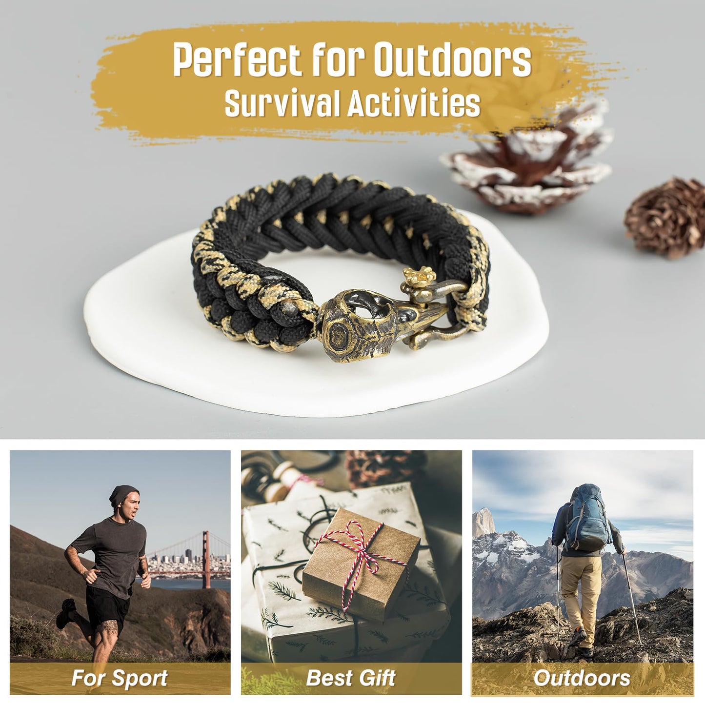 amzeus Paracord Survival Bracelet for Men and Women, Handmade Woven Tactical Style with Cool Brass Buckle Bracelet, Suitable for Hiking and Outdoor Activities
