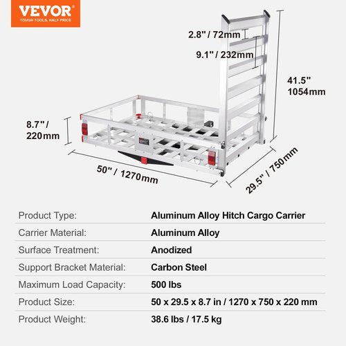 VEVOR Hitch Cargo Carrier, 50 x 29.5 x 8.7 inch, 500lbs Capacity, Aluminum Luggage Carrier Rack with Folding Ramp, Fits 2" Hitch Receiver for SUV Truck Pickup Camping