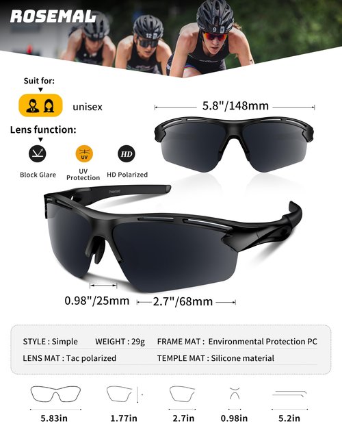 Rosemal Polarized Sunglasses for Men Women,TR90 Sport Sunglasses, UV400 Protection, Anti-Slip/Anti-Fog for Running, Cycling, Fishing, Driving Golf