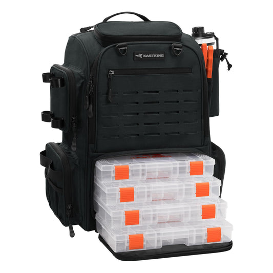 KastKing Bait Boss Pro Fishing Tackle Backpack with Rod Holders, 4 Tackle Boxes, 45L Large Storage Bag for Fishing Gear, Black
