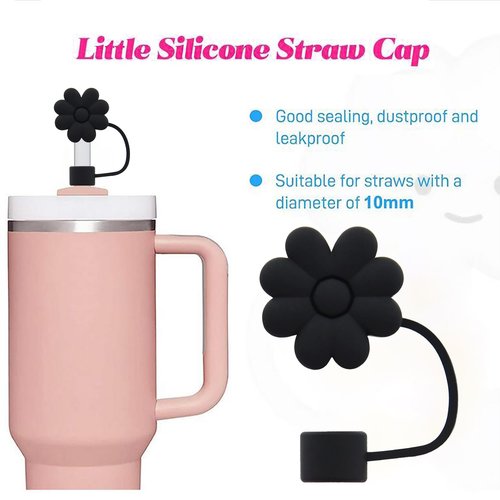 Meitesti Flower Straw Cover Cap for Stanley Cup Silicone Straw Topper Compatible with 30&40 Oz Tumbler, 4pcs Black Flower