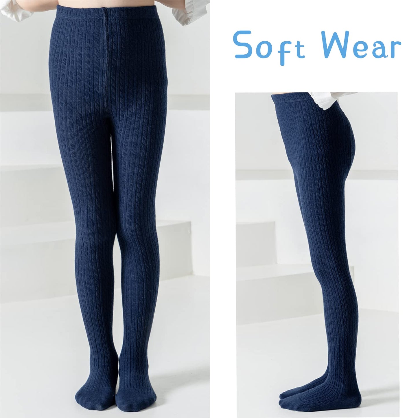 Marchare Baby Girls Tights Thick Cable Knit Solid Seamless Leggings Winter Warm Stockings For Toddler Girls Navy 2 Pack 4-6 Years