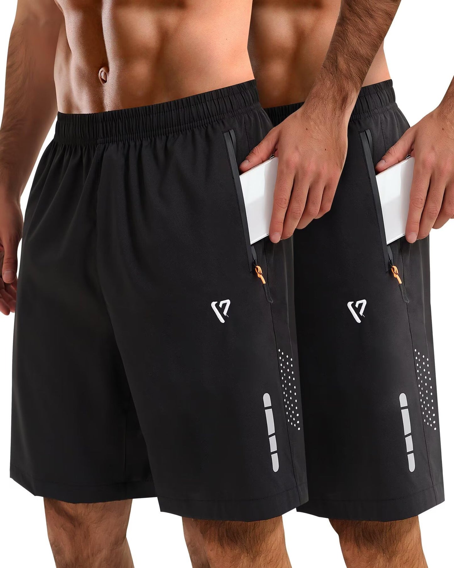 FIONECA 2 Pack Mens Athletic Shorts Quick Dry 7 Inch Running Shorts Breathable Mesh Gym Workout Shorts with Zipper Pockets(Black&Black,S