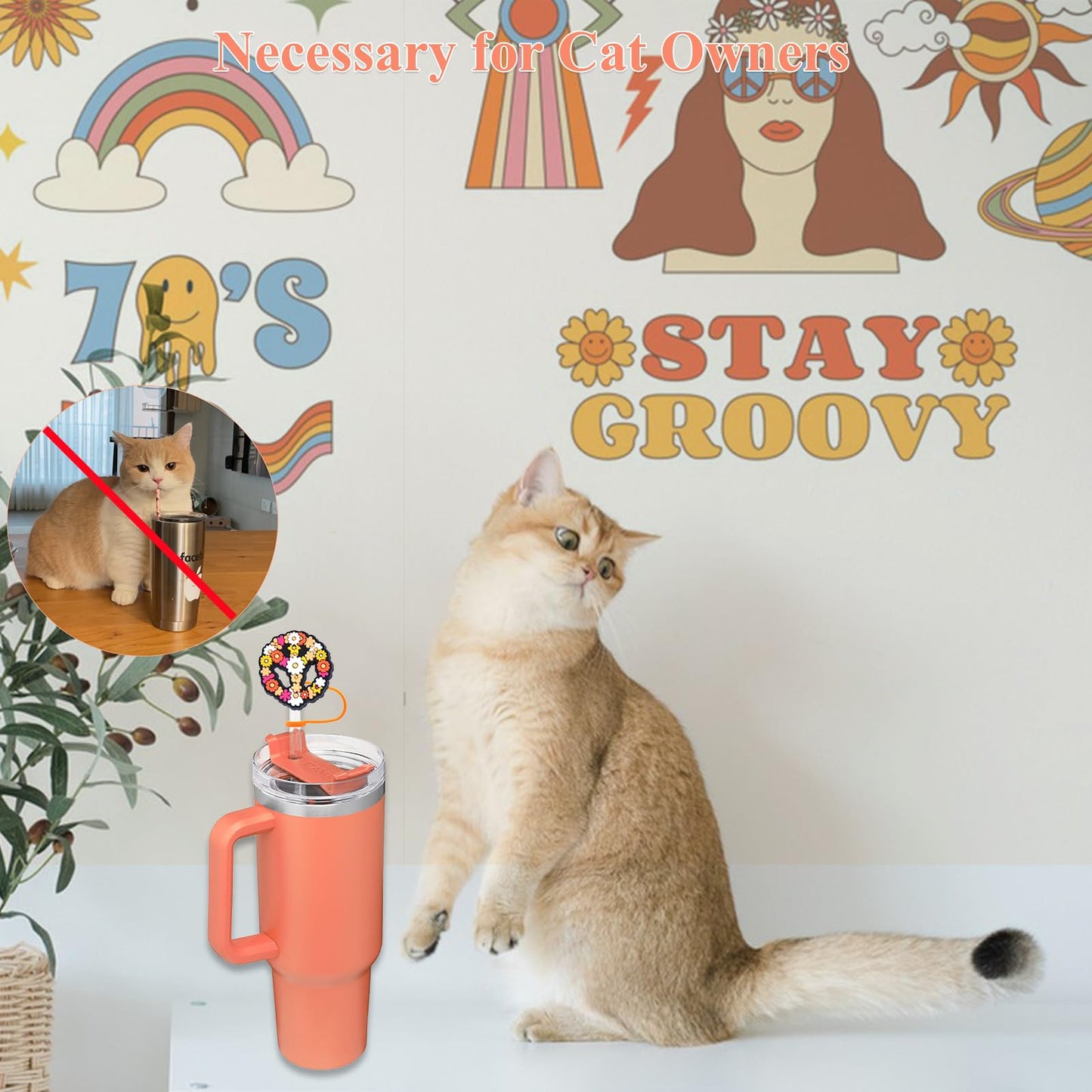 Amreich Boho Straw Cover for Stanley Cup - 4PCs Orange Stanley Cup Accessories, Groovy Hippie Design 60s 70s Party Straw Favors